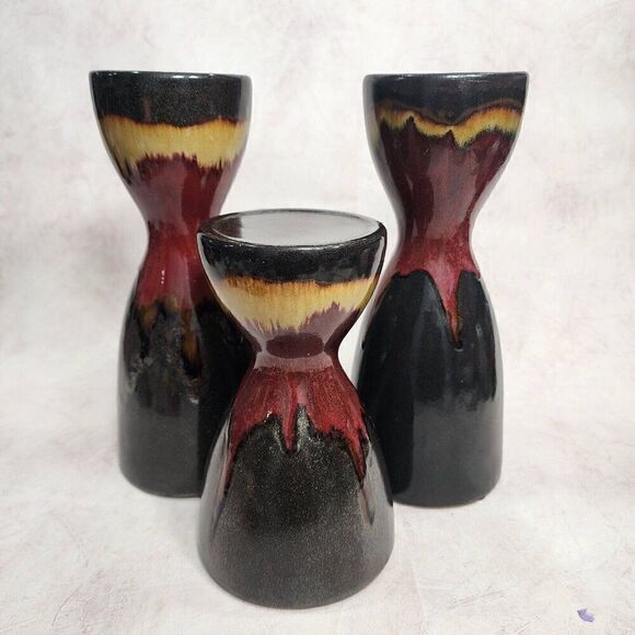 3 Pier 1 Imports 8.5"/11.5" Pillar Candle Holder Glaze Ceramic Gold Brwn Red Blk - Picture 1 of 14